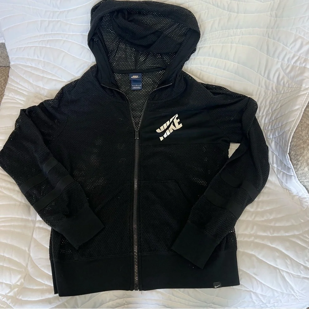 Nike Black Mesh Hoodie with White Logo on Chest Size L - Picture 7 of 7